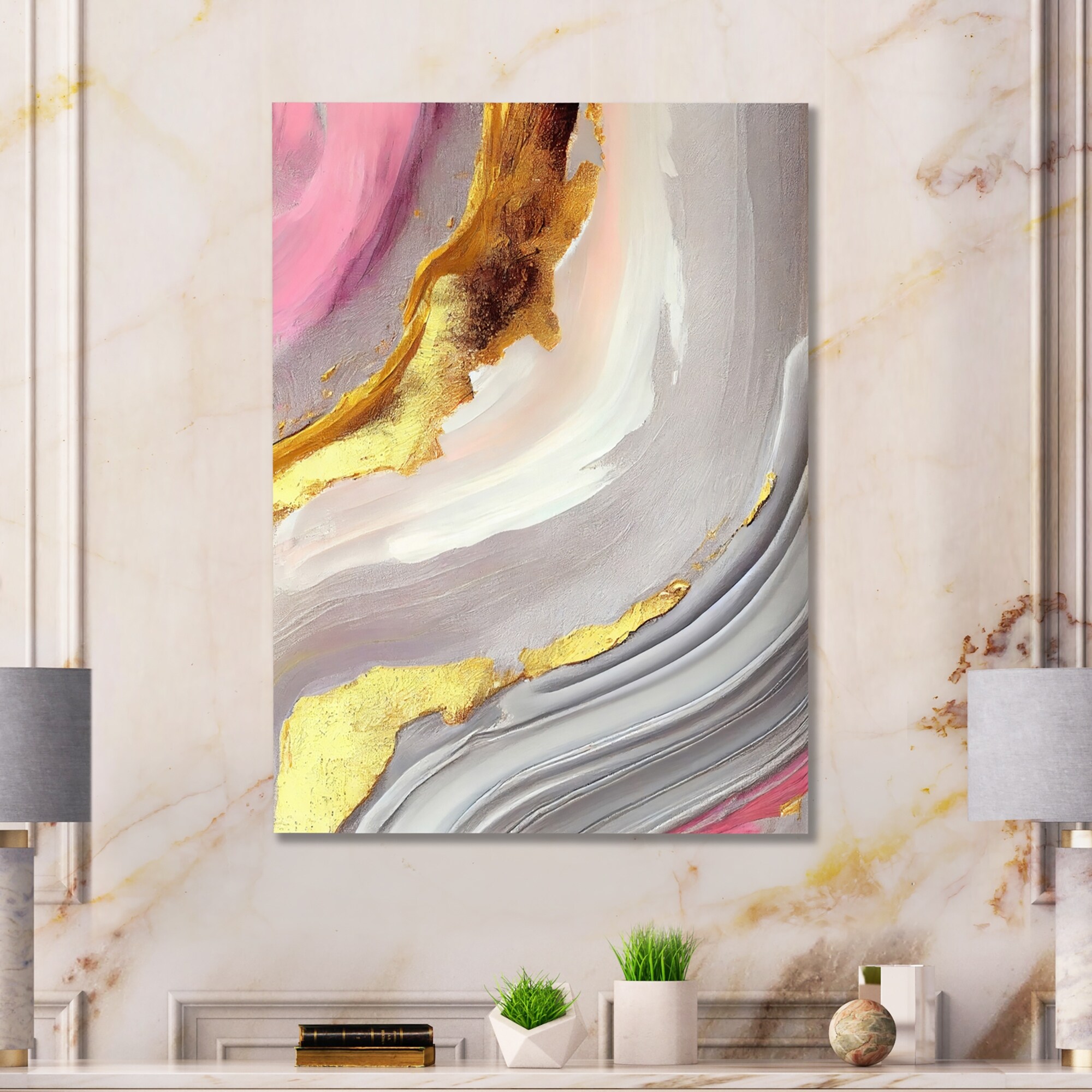 Designart Pink And Gold Marble Abstract VII Modern Canvas Wall Art