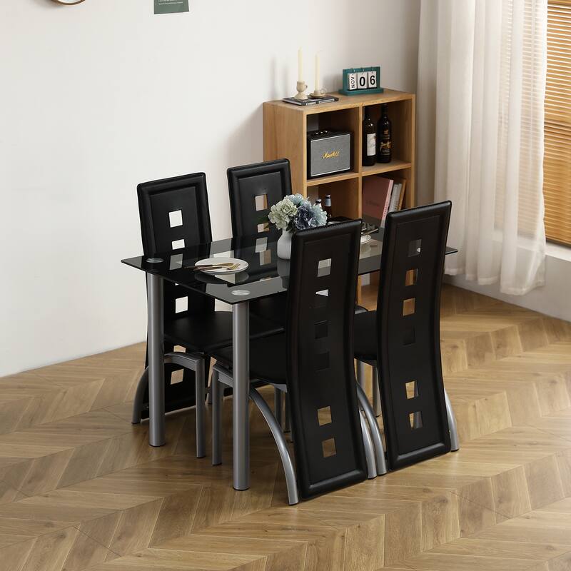 Transparent-Black Tempered Glass and Stainless Steel Dining Table - 43.3 x 27.6 x 28.9" (L x W x H)