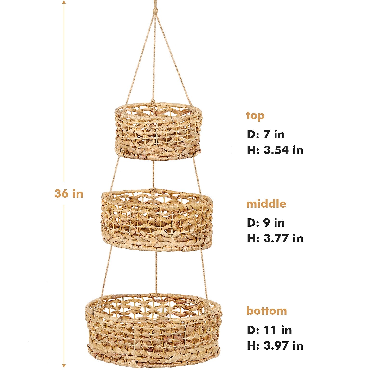 3 Tier Hanging Fruit Basket for Kitchen, Handmade Natural Woven Wicker  Seagrass Hanging Basket for Fruit and Vegetable Countertop Organizer,  Modern