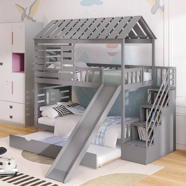 slide 2 of 8, Kids Twin House Bunk Bed with Slide, Trundle, and Storage Stairs, Pine Wood Frame with Roof and Window Design Gray
