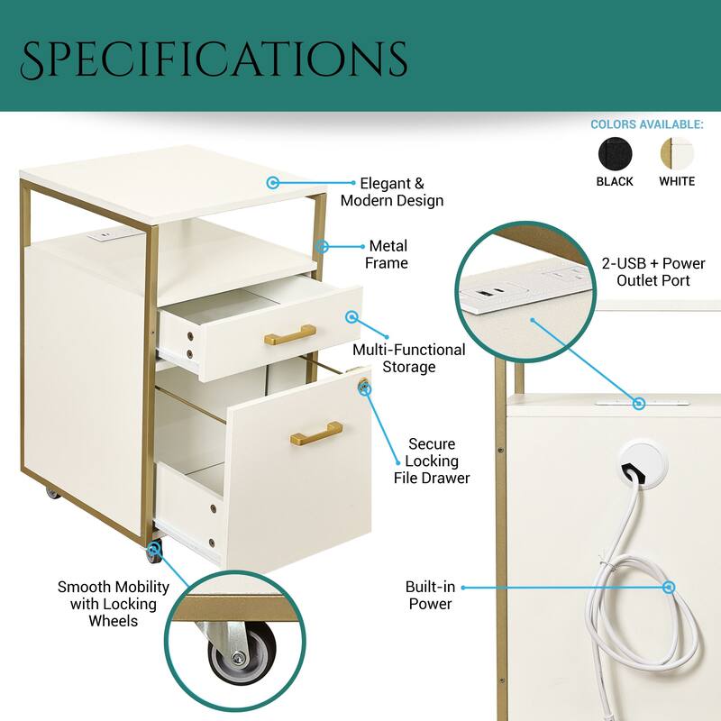 Compact Rolling File Cabinet with Lock, USB Port & Power Outlet