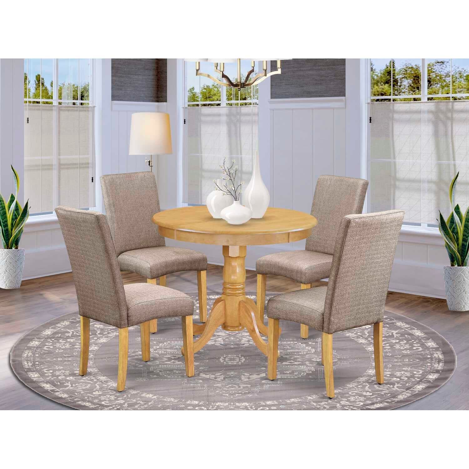Round Dining Table Set 5pc - 36" Table & 4 Chairs - Rustic Oak Finish - Linen Fabric Dark Khaki