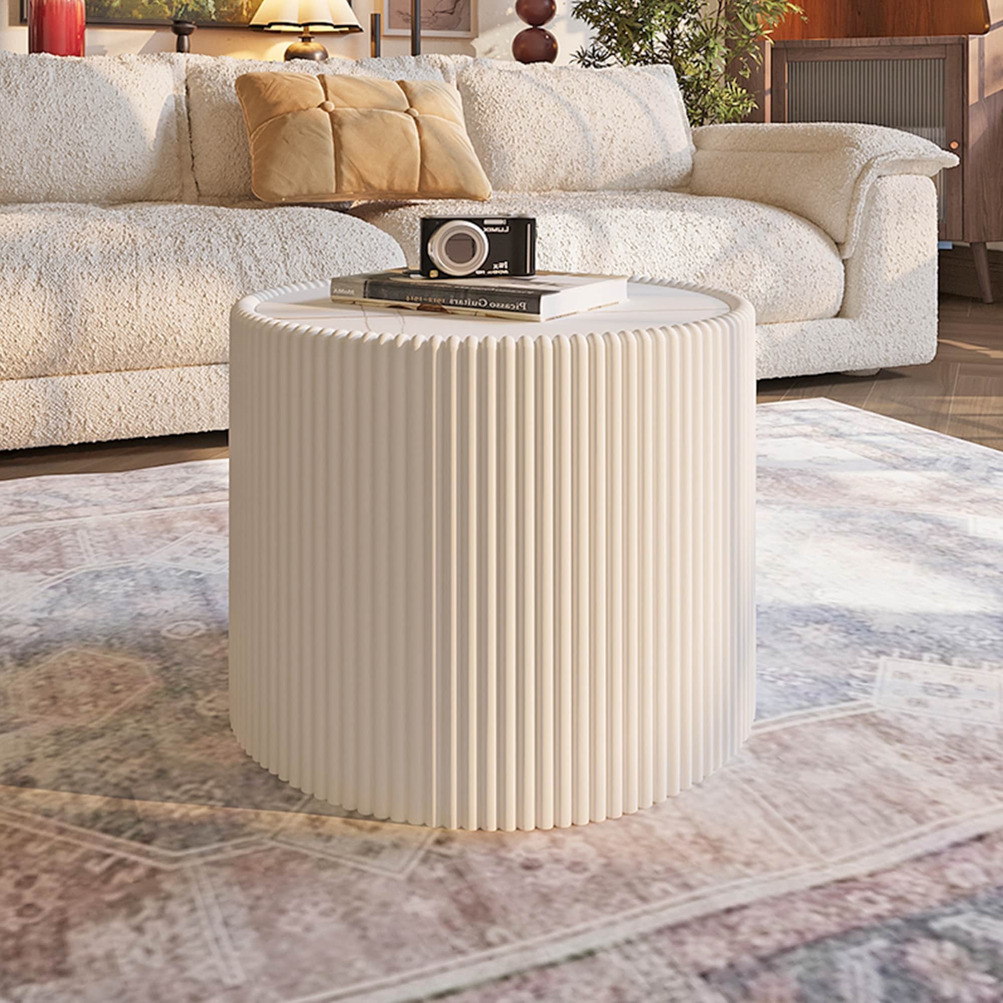 Gold Pattern Light Sintered Stone Cylinder Shape Leather Coffee Table