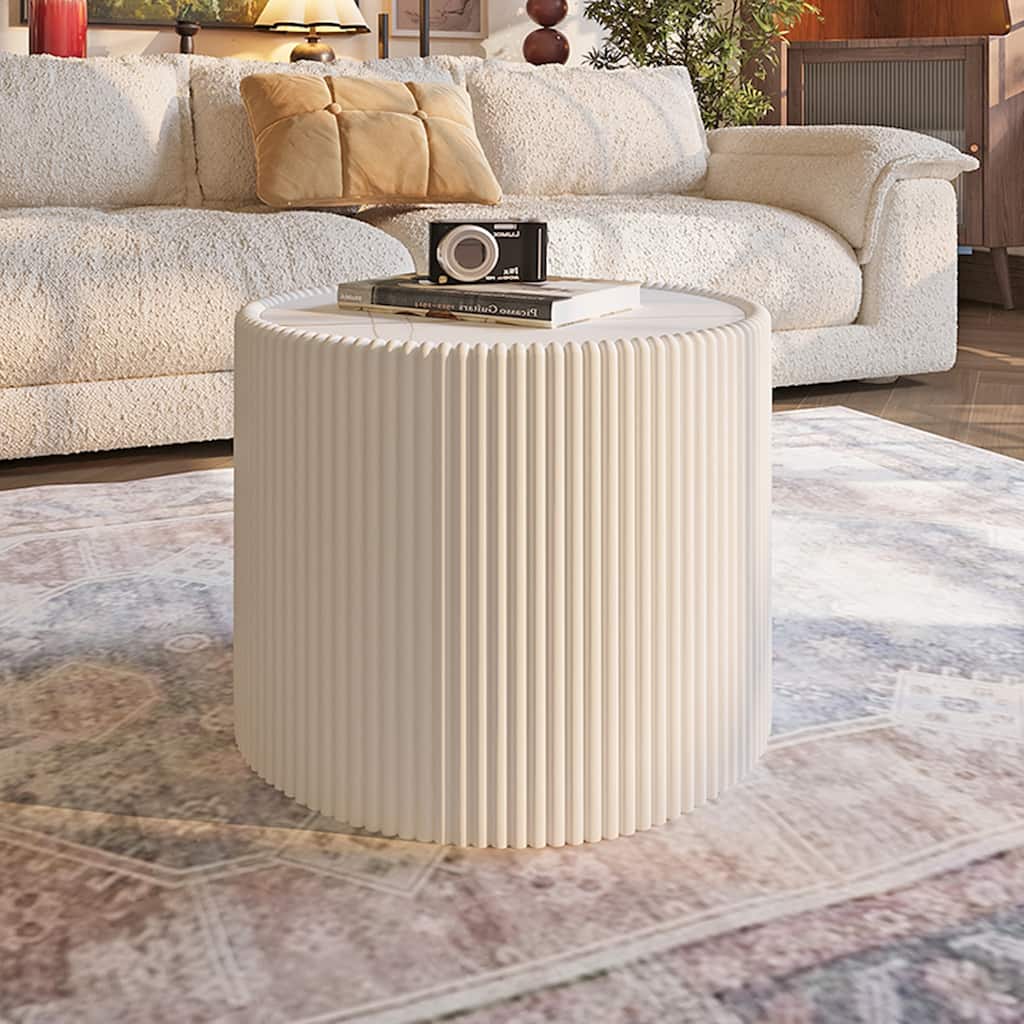 Modern Cylinder End Table with Light Slate Top, Leather-Wrapped Base, Luxury Sofa Side Table for Living Room