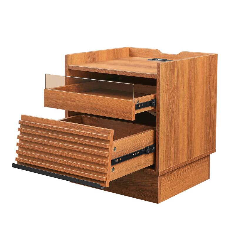 Mid-Century Modern 2-Drawer Nightstand with Charging Station & LED Lights - Bedside/End Table (Yellow)