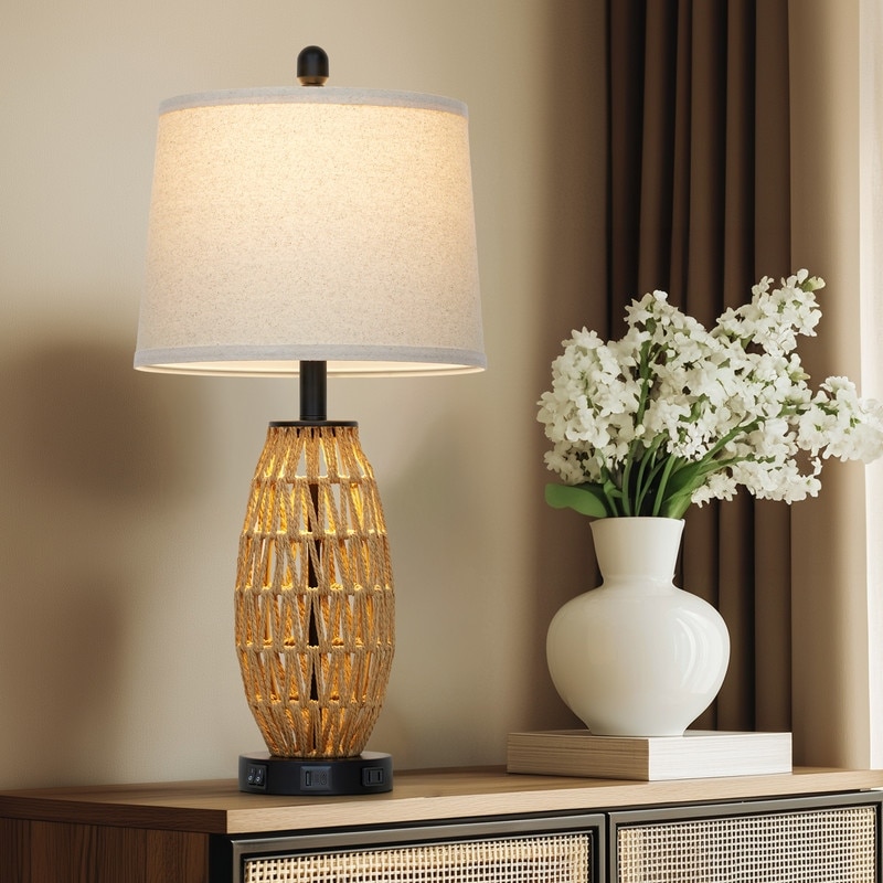 27'' Rustic Hand-Woven Table Lamp with Dual Light Modes USB-C and AC Outlet Linen Shade, Black Finish - 12.5'' x 12.5'' x 27''