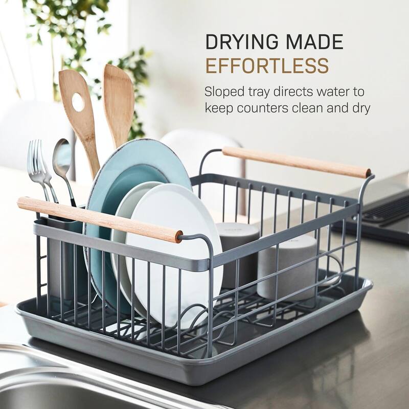 Yamazaki Home Dish Rack, Steel and Wood, Holds 22 lbs - L 13.19 x W 18.5 x H 7.87 inches