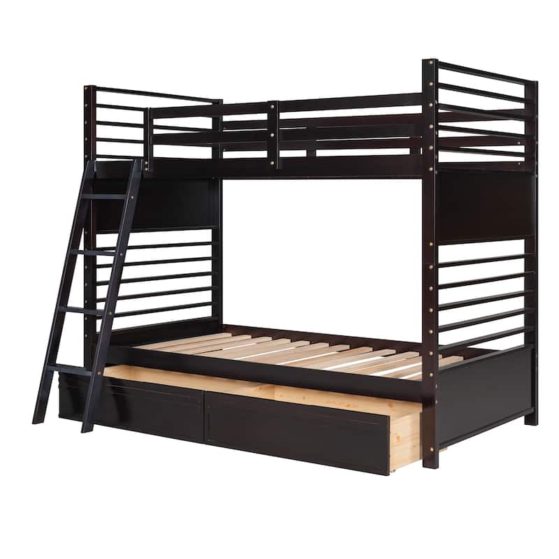 Twin over Twin Wood Bunk Bed with Two Drawers - Espresso - N/A