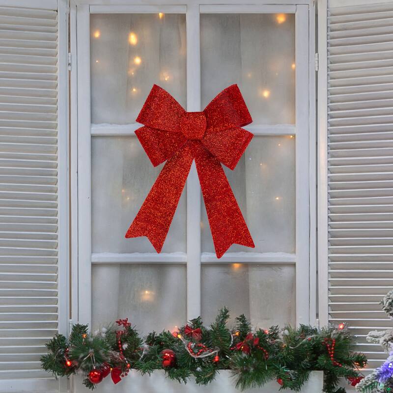 18" Red Tinsel 4-Loop Bow Christmas Decoration