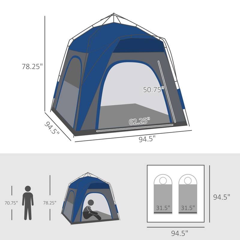 Camping Tents 4 Person Pop Up Tent Quick Setup Automatic Hydraulic Family Travel Tent Windows, Doors Carry Bag Included
