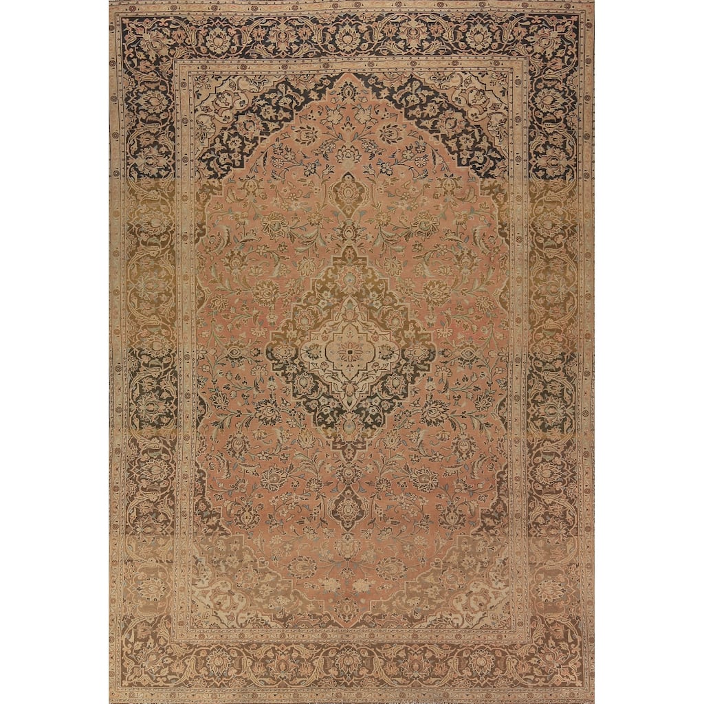 Traditional Mashad Persian Vintage Rug Hand-Knotted Coral Wool Carpet - 8'5" x 12'0"