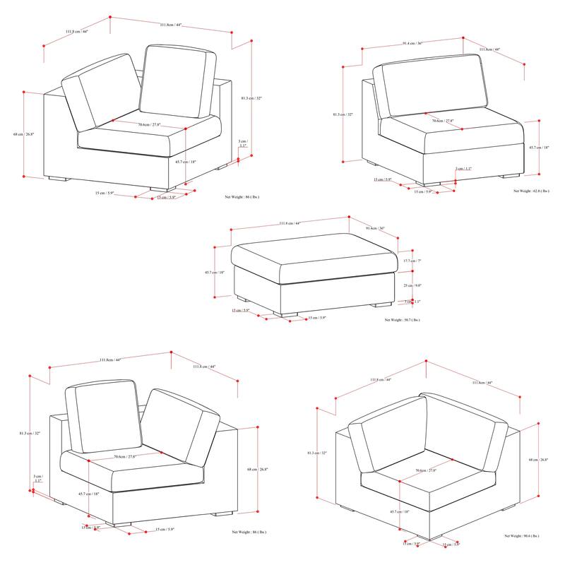 WyndenHall Marlee Corner Sectional Modular Sofa and Ottoman Set in Velvety Chenille Performance Fabric