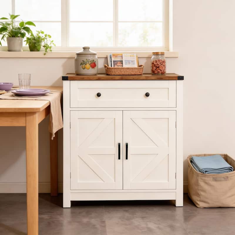 Farmhouse Barn-Door Storage Cabinet, Coffee Bar Buffet Sideboard with Drawer for Kitchen & Living Room