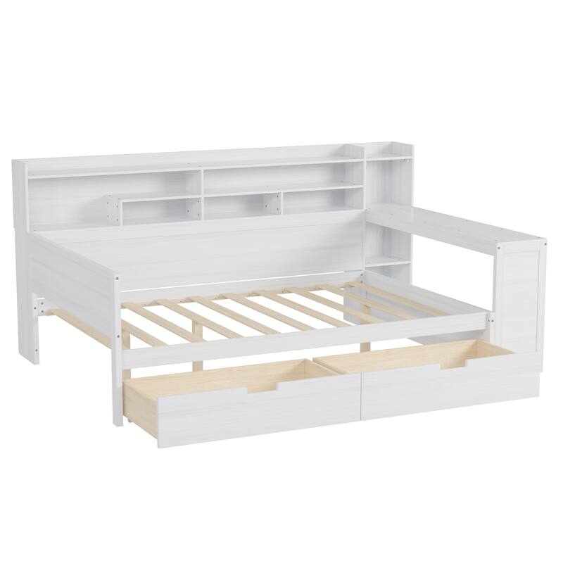 Full Size Wooden Daybed Platform Bed with Recessed Desk Storage Shelves and 2 Drawers Under Bed for Compact Spaces, Bedroom