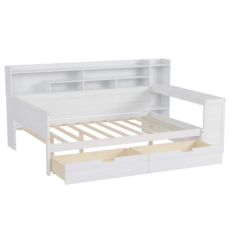 Wooden Full Size Daybed with Storage Shelves, Two Drawers & Study Desk,Antique White