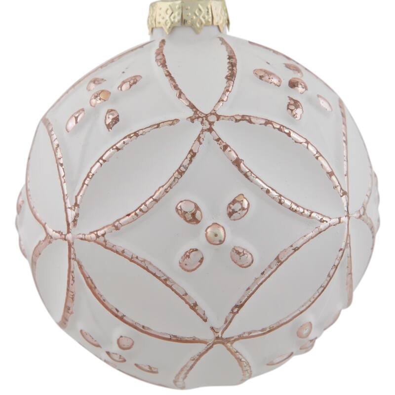 Matte White Pink Floral Glass Hanging Christmas Ball Ornament 3.75"