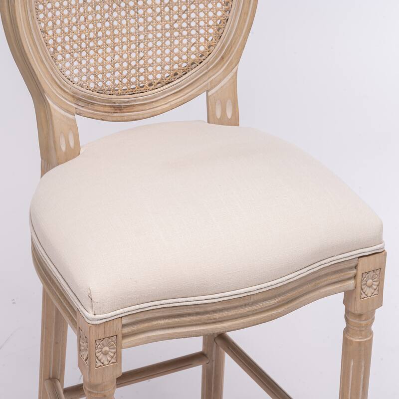 French Country Wooden Barstools Rattan Back With Upholstered Seating Set of 2