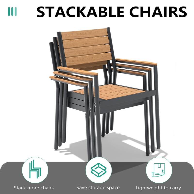 9-Piece Outdoor Patio Dining Set Wood-Like Table Top Alumium Umbrella Hole Table with Stackable Armrest Dining Chairs