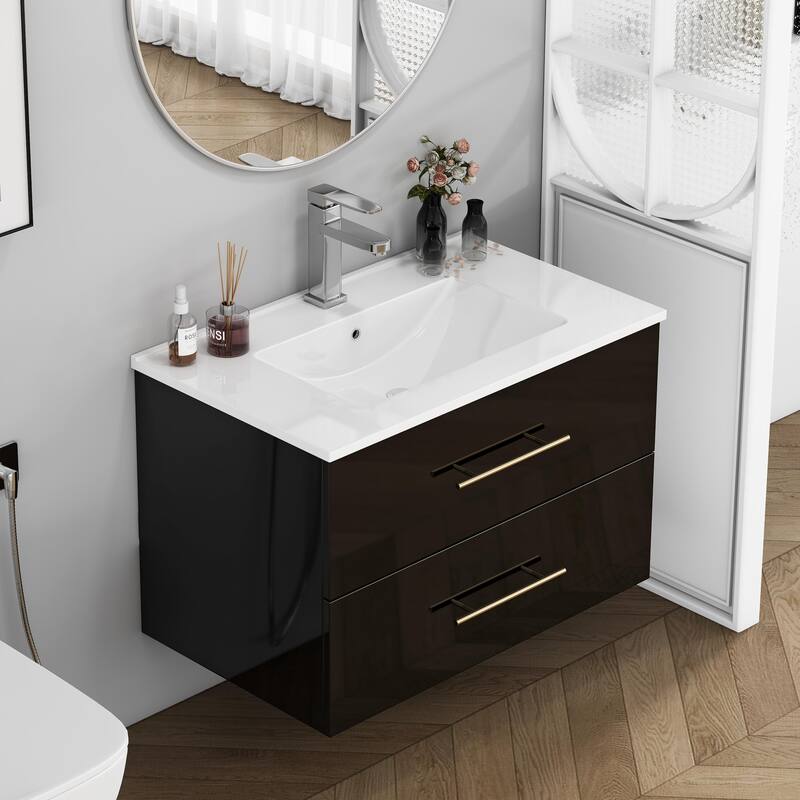 30-Inch Gloss Wall-Mounted Bathroom Vanity with Sink Combo, Double Drawers,Ceramic Sink,Long Metal Handle