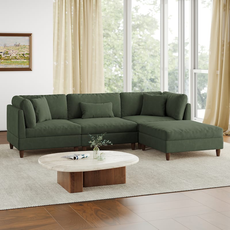112" W Modern Upholstered Corduroy Modular Sectional Sofa - Green