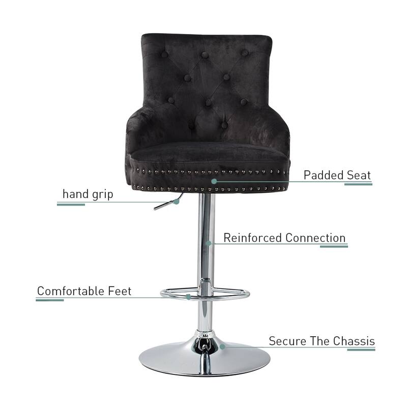 Swivel Tufted Velvet Bar Stool Adjustable with Lion Head Knocker