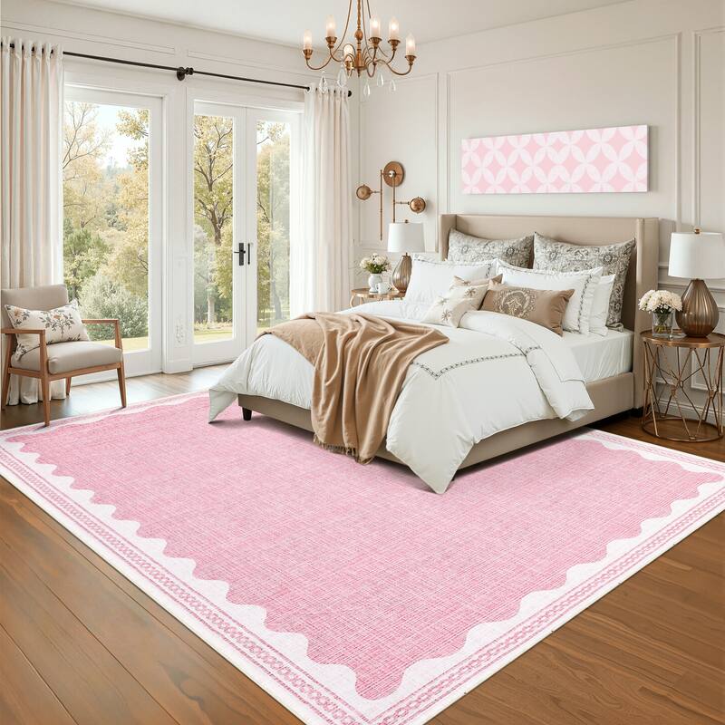 Scalloped Pattern Rugs for Living Room Bedroom Soft Non Slip Low Pile Throw Carpet Washable Foldable Area Rug