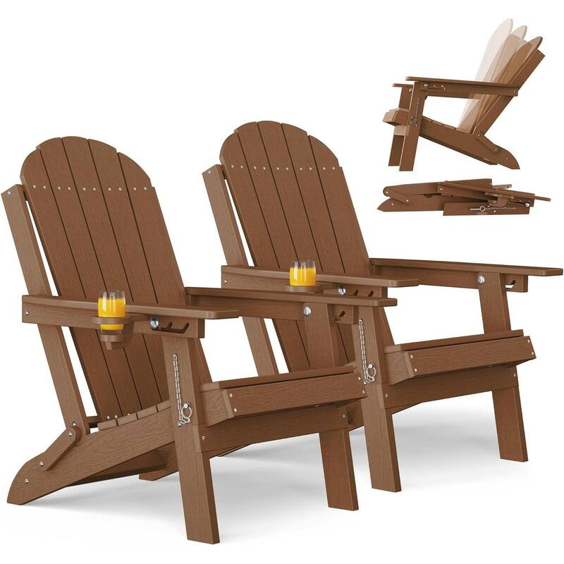 WINSOON Outdoor All-Weather HDPE Folding Adirondack Chair with Cup Holder & Adjustable Back Set of 2 - Teak