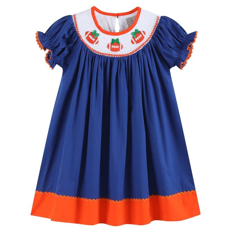Lil Cactus Blue and Orange Football Smocked Bishop Dress