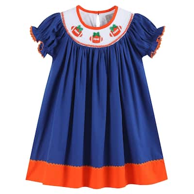 Lil Cactus Blue and Orange Football Smocked Bishop Dress