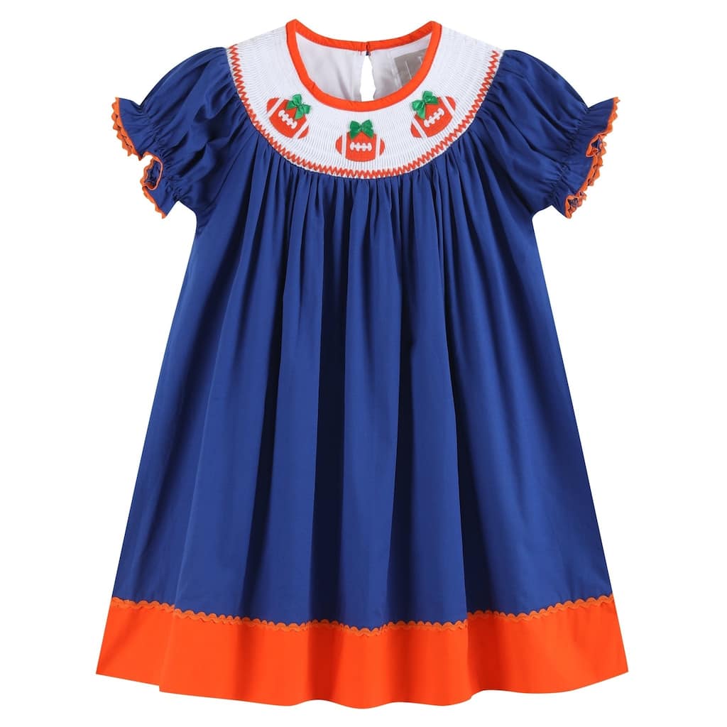 Lil Cactus Blue and Orange Football Smocked Bishop Dress