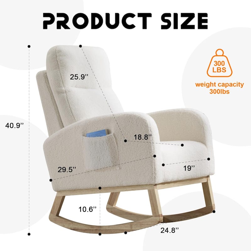 Solid Wood Modern Rocking Chair with High Back and Pocket - 29.5" D x 24.8" W x 40.9" H