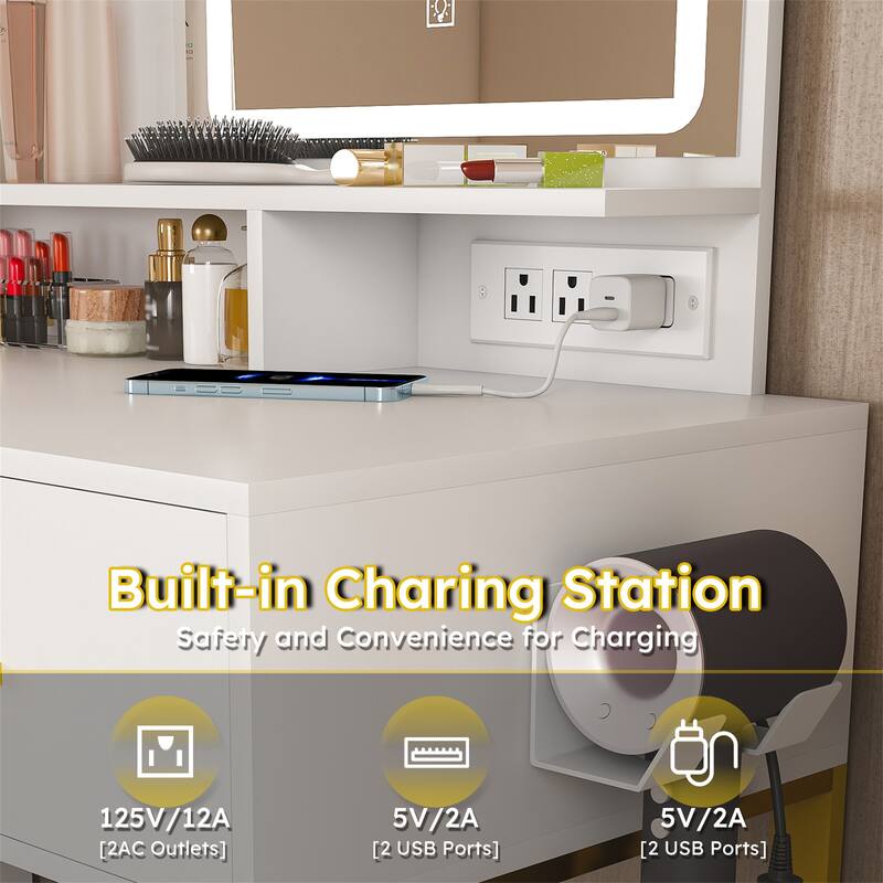 Makeup Vanity with LED Lights&3 Color and Power Outlet