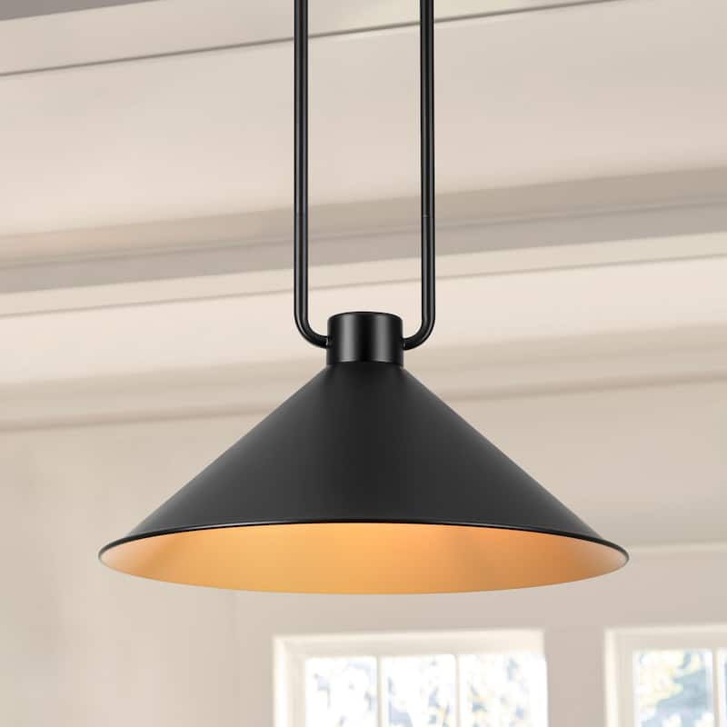 1-Light Vintage Industrial Black and Gold Interior Metal Cone Pendant Light with Adjustable Rods - 15.75 in. W x 7.48 in. H