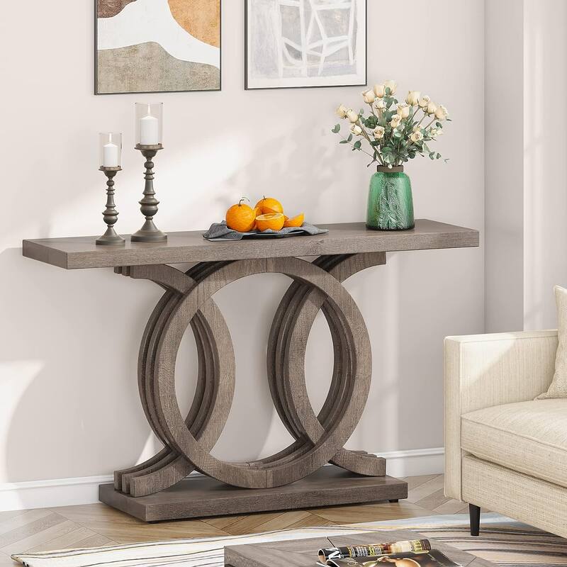 Vintage Console Table with Geometric Base Wooden Hallway Table - Brown