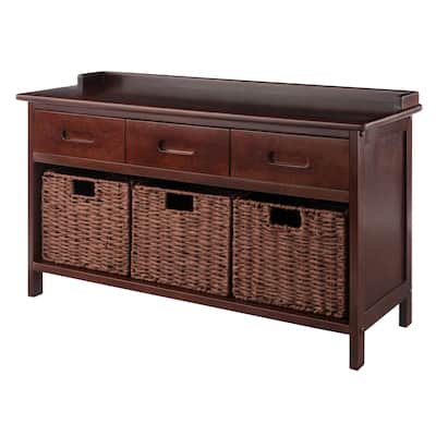 Adriana 4-Pc Storage Bench with 3 Foldable Woven Baskets, Walnut - 38.27 x 14.17 x 21.85 inches