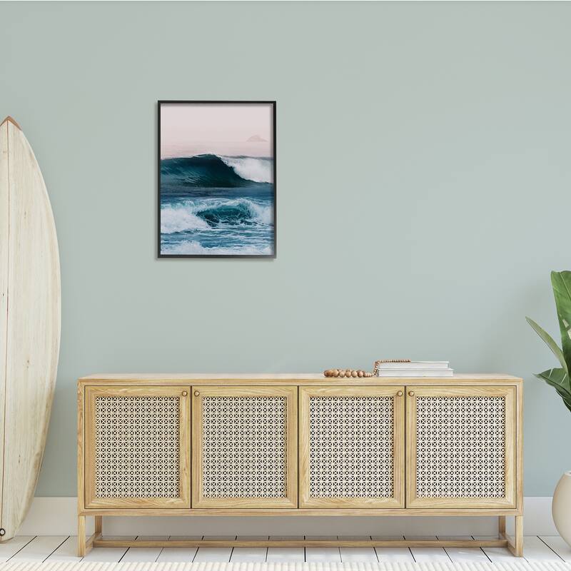 Stupell Crashing Surf Waves Ocean Beach Scene Distant Cliffs Framed Wall Art