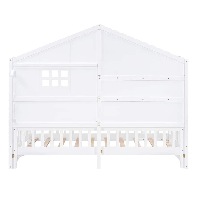 White Twin Size House Bed with Shelves, Window and Sparkling Light Strip on The Roof