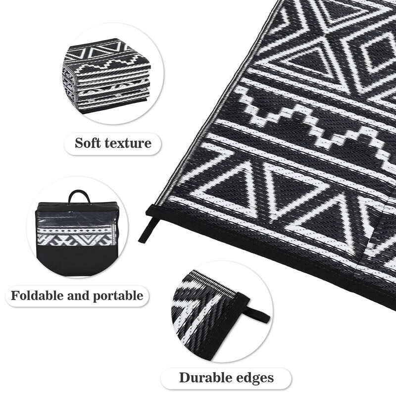 Outdoor Rug Waterproof Patio Rug Mat Geometric Rug Plastic Straw Outside Rug for RV Camping Picnic Reversible Rug