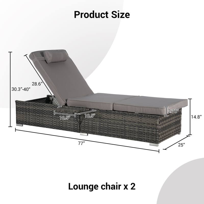 Outdoor Chaise Lounge Chair Set of 2 with Storage Patio Pool Chairs Tanning Lounges for Outside, Beach Rattan Recliners
