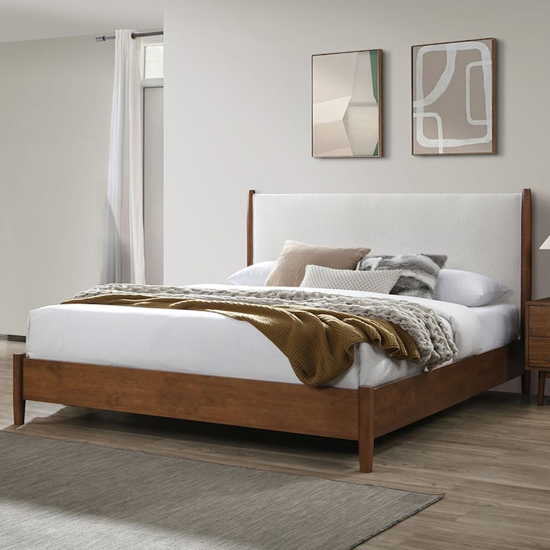Boucle Upholstered Eastern King Bed with Round Tapered Legs in Walnut and Beige