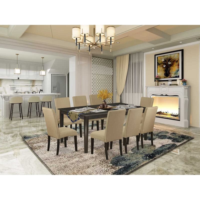 HomeStock 9-Piece Square Cappuccino Finish Solid Wood Top Dining Table with 8 Parson-Chairs with Butterfly Leaf Lattice Back