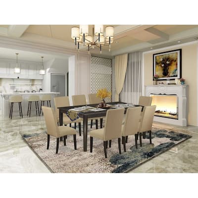 HomeStock 9-Piece Square Cappuccino Finish Solid Wood Top Dining Table with 8 Parson-Chairs with Butterfly Leaf Lattice Back