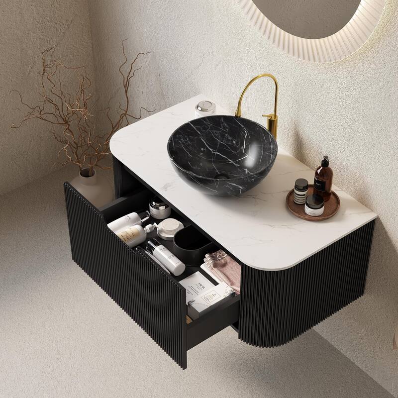 Wall Mounted Bathroom Vanity with Black Bowl Ceramic Basin