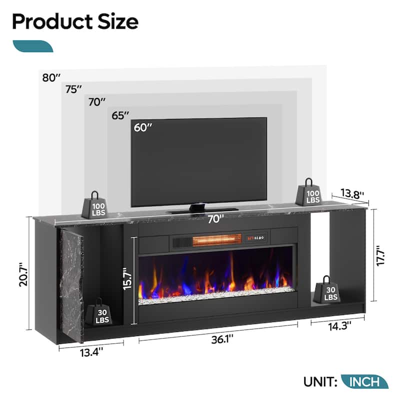 Bestier 70" TV Stand with 36" Electric Fireplace, Modern Led Electirc Fireplace TV Stand fits TV up to 80" with Storage Cabinet