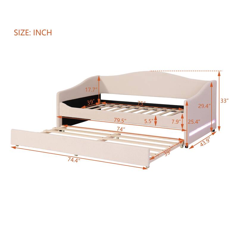 LED Daybed Frame Teddy Fleece Upholstered Sofabed, Wood Panel Bed with Pull-out Trundle Bed, Platform Bed Furniture