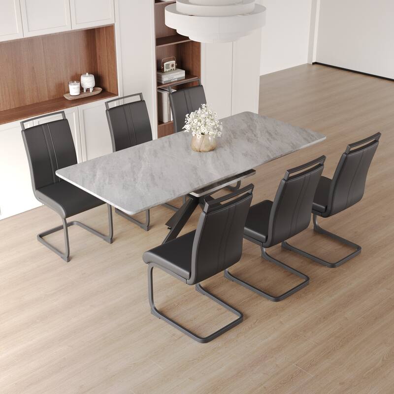 7-Piece Dining Table & Chairs Set with Expandable Dining Table and High Backrest Leather Dining Chairs