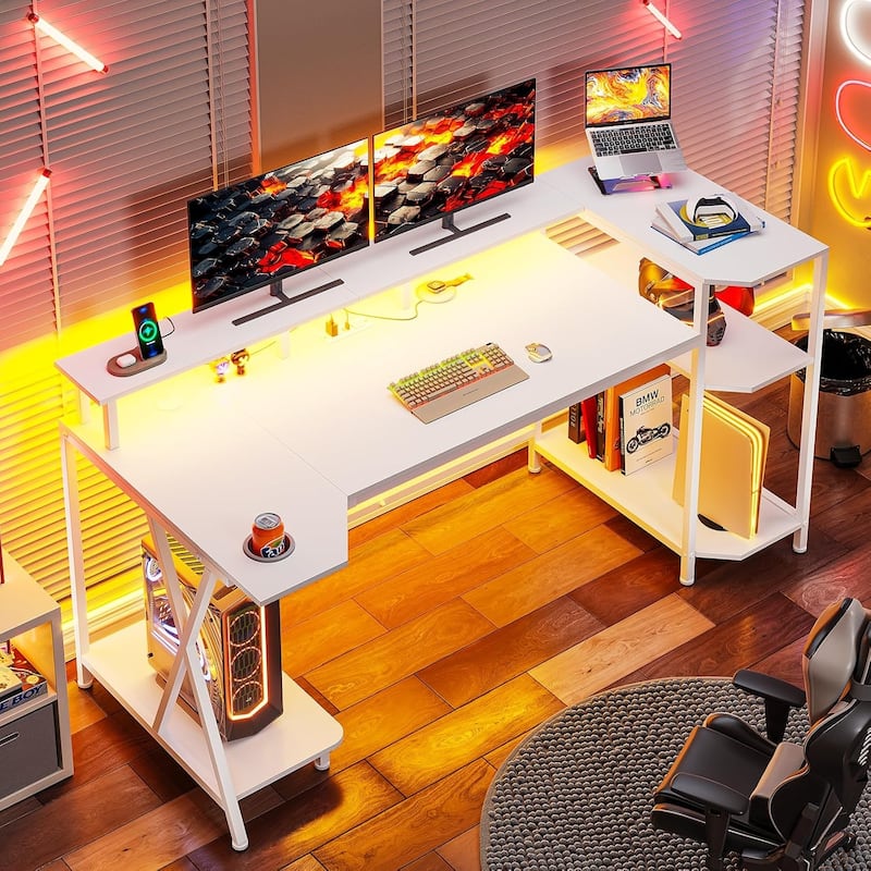 PC Gaming Desk Power Outlets Computer Desk LED Lights Storage Shelves