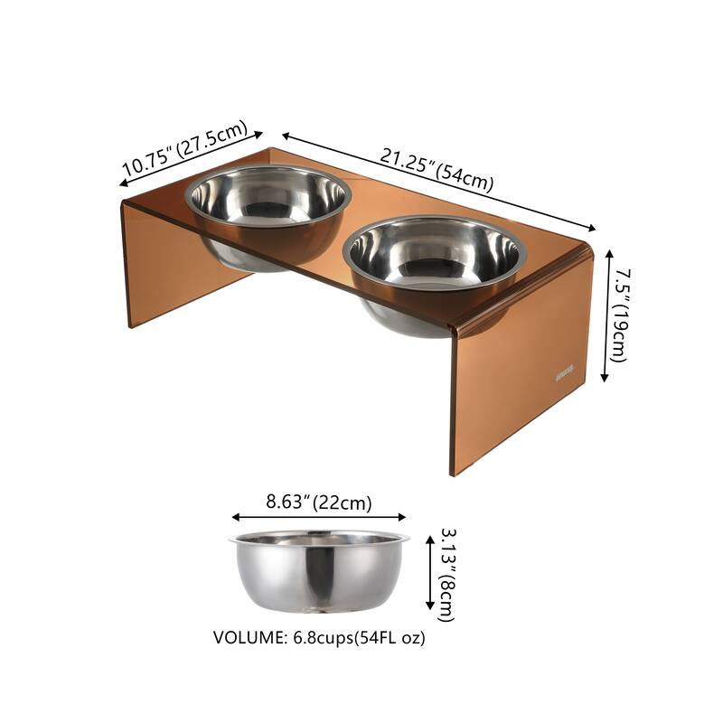 Keaton 7.5" Medium/Large Modern Lucite Rectangular Elevated Pet Feeder with 54oz 2-Stainless Steel Bowls