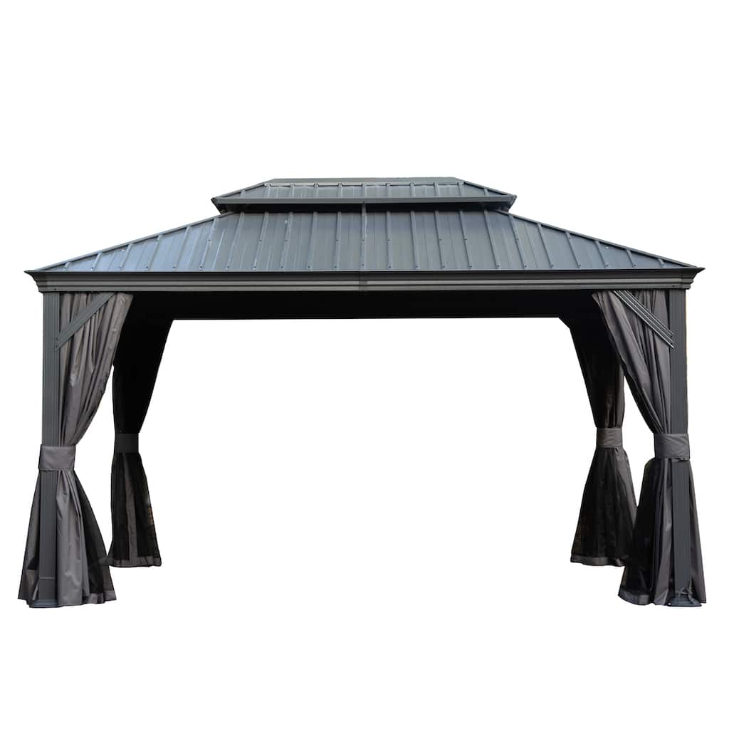 10' X 14' Hardtop Gazebo with Drainage System, Galvanized Steel Roof, Curtains, and Netting for Outdoor Living