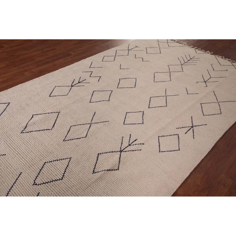 Geometric Ivory Moroccan Area Rug Hand-Knotted Wool Carpet - 5'7"x 9'5"